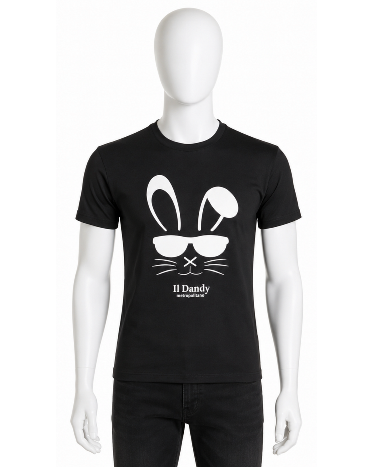 T-shirt Uomo Nera "Il Dandy Metropolitano" - Grafica Coniglio con Occhiali Bianca